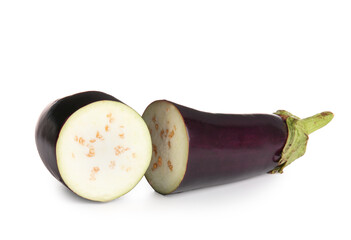 Cut fresh ripe eggplant on white background