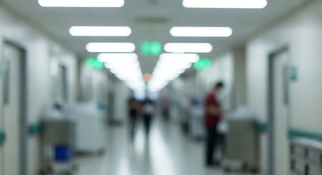 Blurred perspective of a hospital corridor with patients and medical staff, soft focus