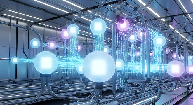 Abstract glowing spheres and light trails in a futuristic industrial setting technology