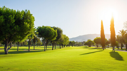 fairway. Vast green golf course under bright sunlight, capturing the tranquility of open landscapes. travel magazines, destination branding, designed for outdoor magazines and nature guides.
