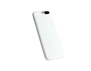 White phone encased in a protective case, against a stark black backdrop