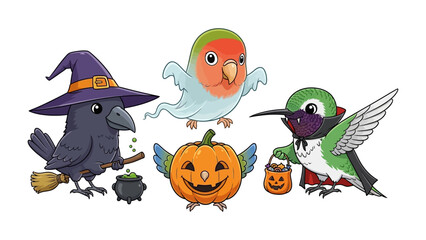 Halloween Birds Delight: A whimsical illustration features charming birds, each dressed in unique Halloween costumes, creating a festive and joyful atmosphere.