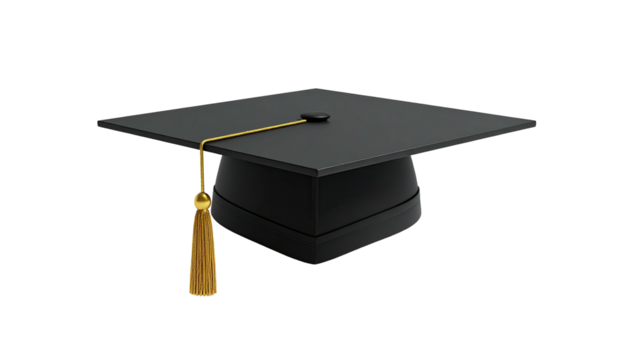 A rendered graduation mortarboard with a tassel, set against a black background