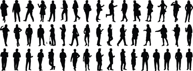 Silhouettes of diverse people standing, walking, gesturing, holding objects, professional and casual poses, black figures, human posture collection, crowd illustration