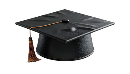 A matte black graduation cap with a brown tassel, isolated on a black background