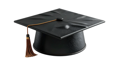 A matte black graduation cap with a brown tassel, isolated on a black background