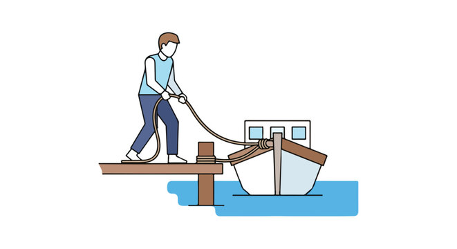 Illustration depicting a man pulling a boat towards a wooden dock using a thick rope in a nautical setting