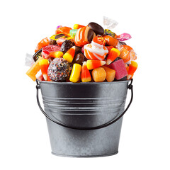 A bucket overflowing with assorted halloween candiespng