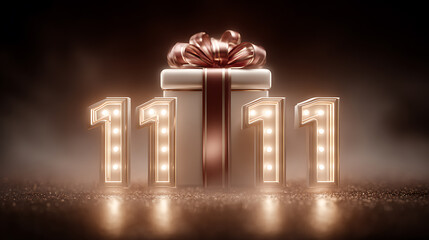11.11 illuminated numbers beside gift box with ribbon and bow for Singles Day shopping festival