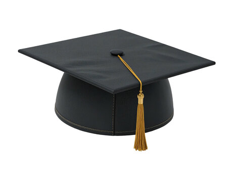 Isolated close-up of a black graduation cap with gold tassel