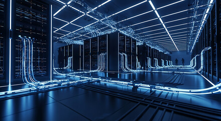 Dark server room with blue neon lights and extensive cabling data center technology