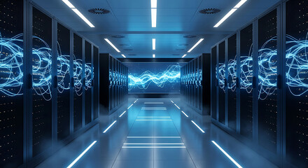 Dark server room with glowing blue data streams and digital wave visualization data center