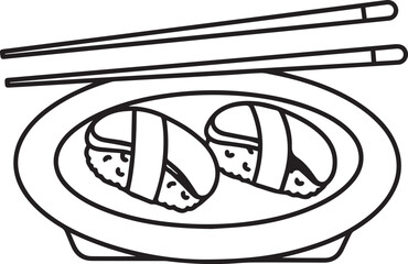 Sushi Plate with Chopsticks Vector – Line Art Japanese Food Illustration