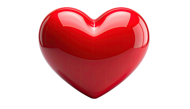 A glossy, red heart floats against a stark black background, with highlights
