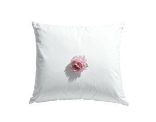 Square white pillow with a delicate pink rose in the center, casting a soft shadow