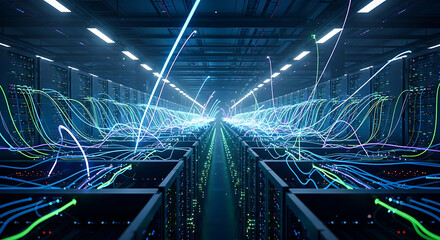 Data center with server racks and flowing colorful light trails of data server room technology