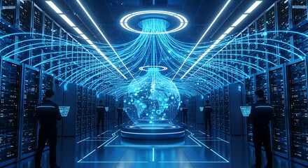 Data center with holographic globe and technicians monitoring data flow technology network