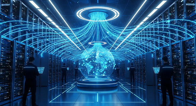Data center with holographic globe and technicians monitoring data flow technology network