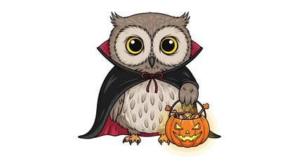 Halloween Owl: A whimsical illustration of an owl dressed in a spooky cape, carrying a carved pumpkin bucket for Halloween.