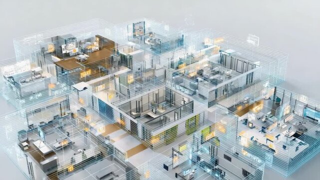 A 3D transparent blueprint-like visualization of a multi-room office building with desks, walls, and corridors.