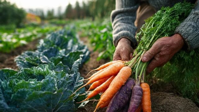 A person harvesting fresh carrots from a vegetable garden, holding orange and purple carrots with leafy greens.