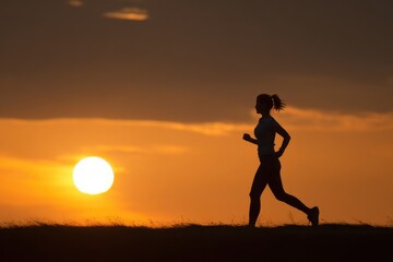 Jogger woman running toward sunset