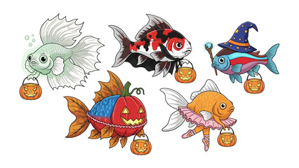 Whimsical Halloween Fish: A collection of creatively adorned fish in the spirit of Halloween, each bearing a festive jack-o'-lantern treat basket in a delightful display of festive joy. 