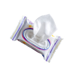 A close up of a pack of baby wipes with a white wipe sticking png