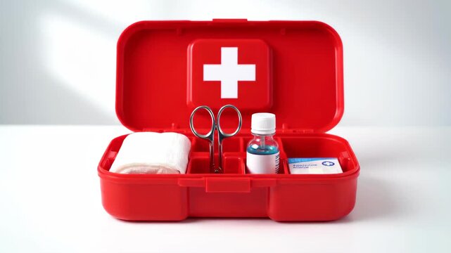 Open Red First Aid Kit with Essential Medical Supplies for Emergencies on White Background