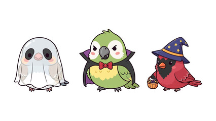 Halloween Parrot Party: A playful collection of three charming birds dressed in delightful Halloween costumes, perfectly suited for festive greetings and cheerful holiday celebrations.