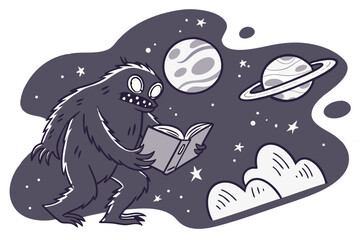 A furry monster reads a book in outer space with planets and stars