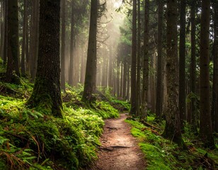 Obraz premium Forest Path Sunlight Nature.