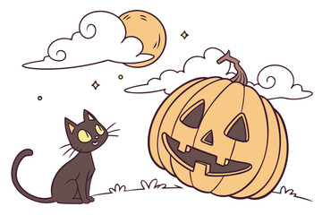 Cute black cat sitting near a carved pumpkin under the moon