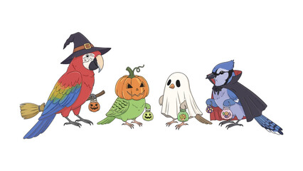 Halloween Birds Party: Festive birds, dressed in elaborate costumes, come together in a creative showcase of avian Halloween spirit. Each bird dons unique attire, from a witch to a vampire.