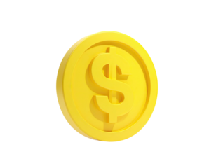 Shiny, golden dollar coin floating against a black background, close-up render