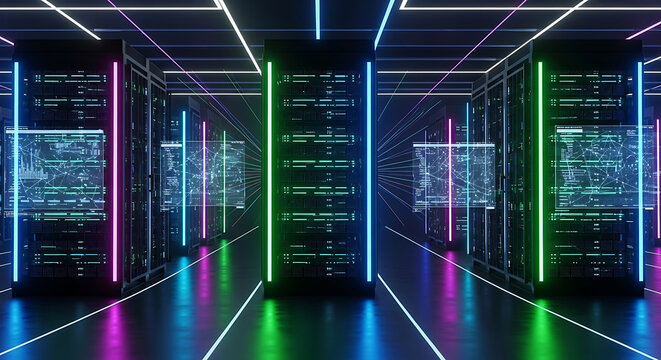 Futuristic Data Center with Neon Lights and Server Racks server room technology