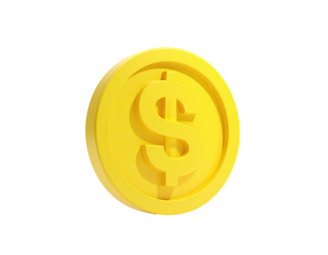 Shiny, golden dollar coin floating against a black background, close-up render