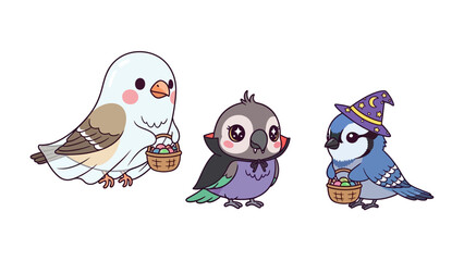 Halloween Avian Trio: A whimsical digital illustration presents three adorable birds, each uniquely costumed in the spirit of Halloween, holding miniature baskets.