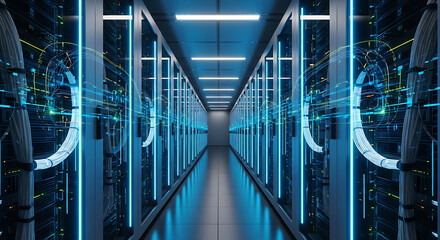Futuristic server room with glowing blue lights and data streams data center technology