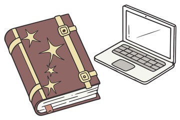 Old magic book next to a modern laptop computer
