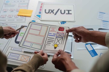 UX UI Design Discussion. Team analyzing user interface layouts and sketches.