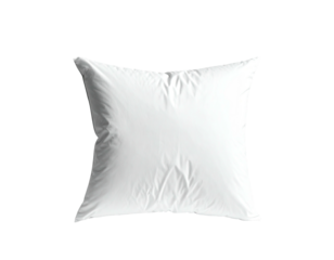 Isolated white square pillow, softly lit, against a stark black background