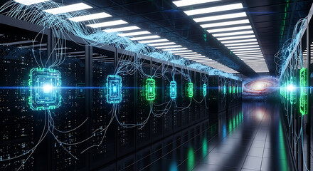 Futuristic server room with glowing circuits and galaxy backdrop data center technology