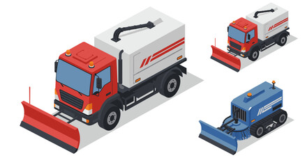 Winter road maintenance vehicles in isometric style with snowplows and sweepers