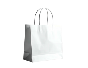 Simple, crisp white paper bag with handles, slight angle on black background