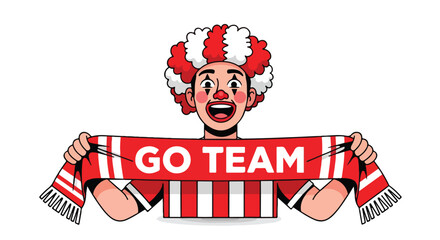 Enthusiastic sports fan with vibrant hair, holding a spirited team support banner and spreading animated cheer and fervent encouragement on white