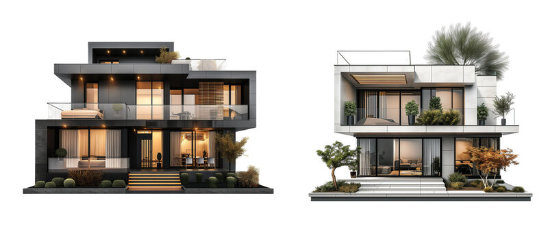 Set of Modern House Isolated on Transparent Background. PNG