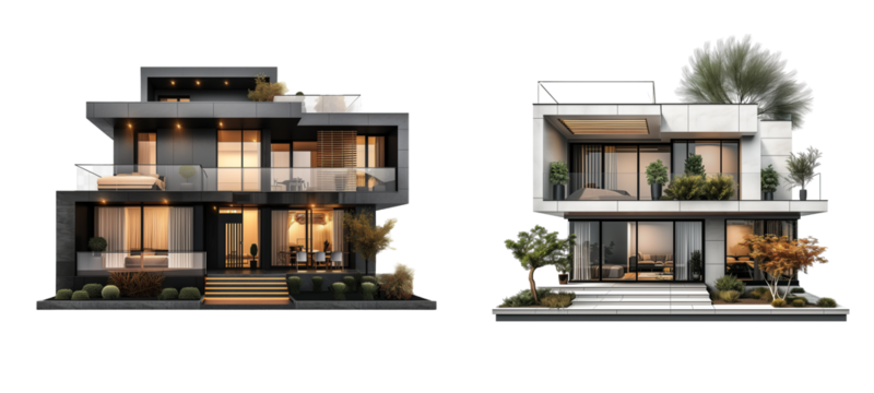 Set of Modern House Isolated on Transparent Background. PNG