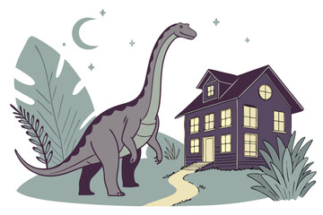 Dinosaur and house at night with moon and plants