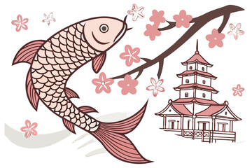 Koi fish with cherry blossoms and pagoda